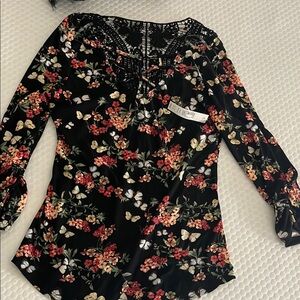 Floral Black Lace Detail Women's Top
